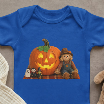 Blue bodysuit with Halloween print featuring a pumpkin, scarecrow, vampire, witch, and ghost.