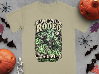 T-shirt with Halloween Rodeo and Haunted Bull Ride graphic.