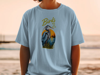 T-shirt with a heron graphic and text "Birds Make Life Better."
