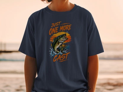 Dark t-shirt with "JUST ONE MORE CAST" text and jumping bass graphic.
