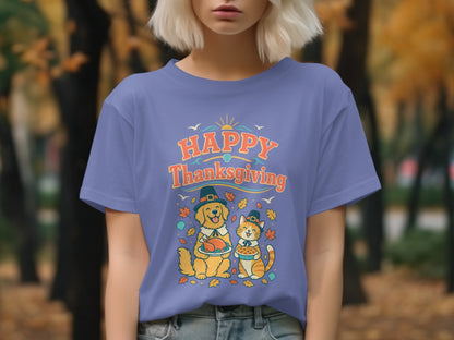 T-shirt graphic of a dog holding a turkey and cat holding pie with "Happy Thanksgiving" text.