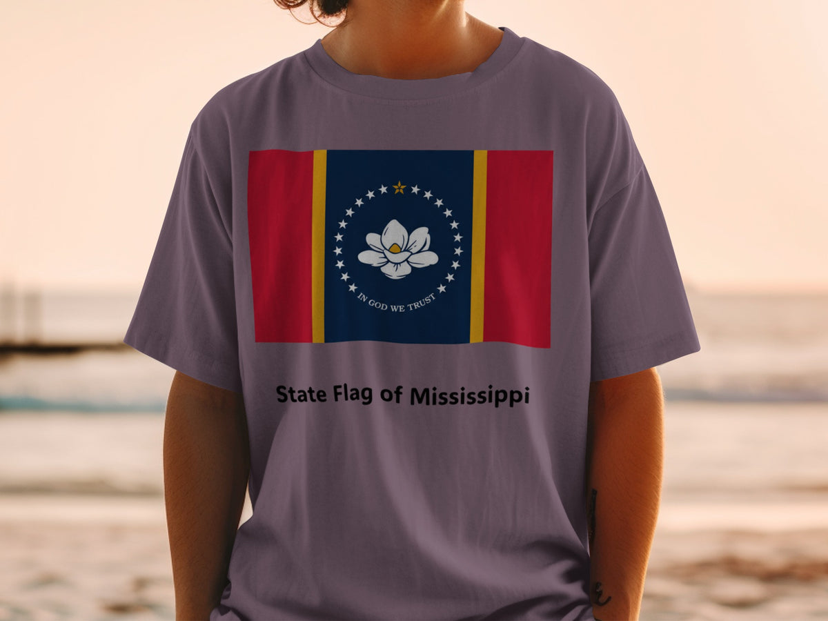 T-shirt with the Mississippi state flag and text "State Flag of Mississippi".