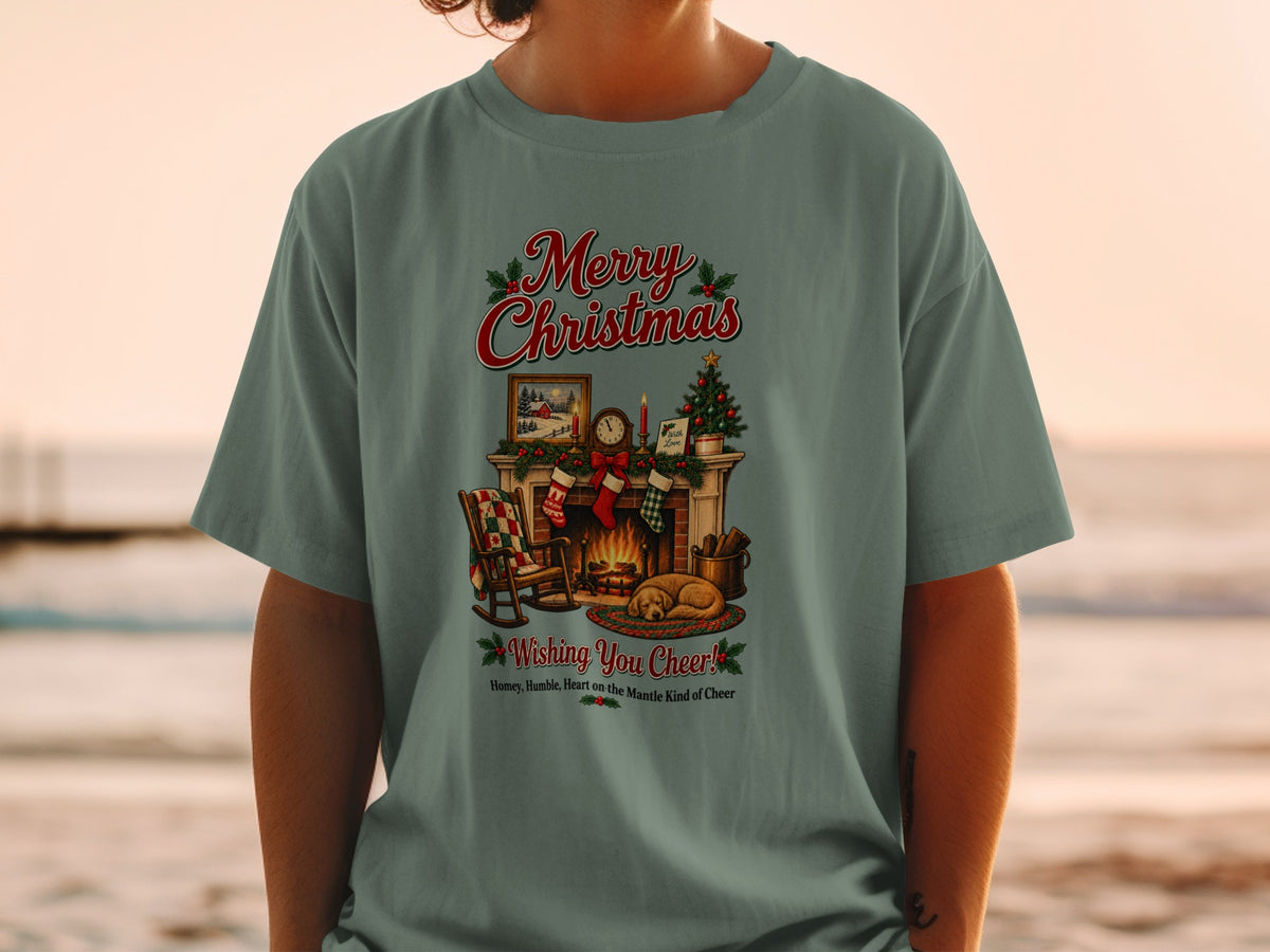 Merry Christmas design with a fireplace, Christmas tree, dog, and holiday-themed text.