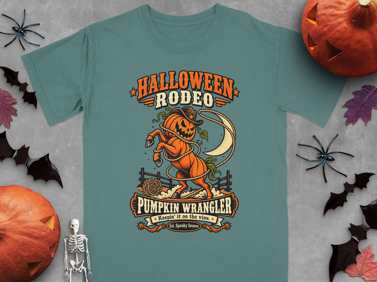 Halloween Rodeo Pumpkin Wrangler design with a jack-o'-lantern horse and moon.