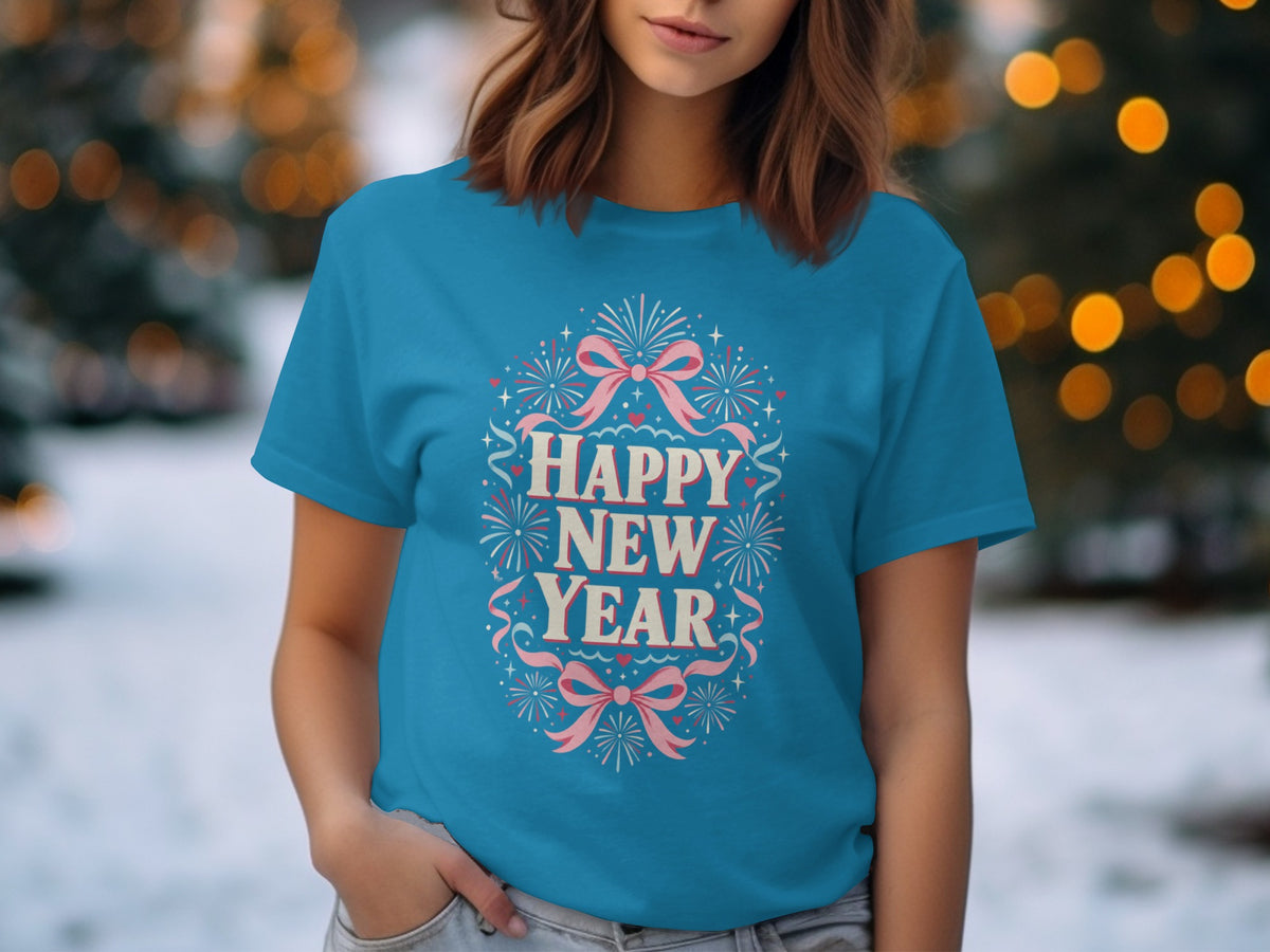 Blue t-shirt with "Happy New Year" text, pink bows, and fireworks.