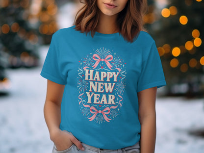 Blue t-shirt with "Happy New Year" text, pink bows, and fireworks.