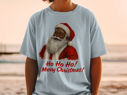 Light blue t-shirt with Santa Claus graphic and "Ho Ho Ho! Merry Christmas!" text.