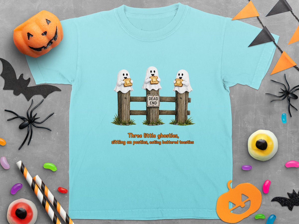 Light blue t-shirt with three ghosts eating toasties on a fence with "Dead End" sign.