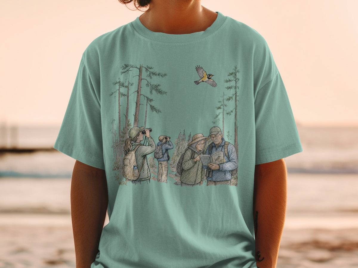 Illustration of birdwatchers in a forest with a bird flying overhead.