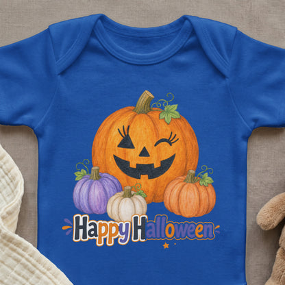 Blue onesie with pumpkins and "Happy Halloween" text.