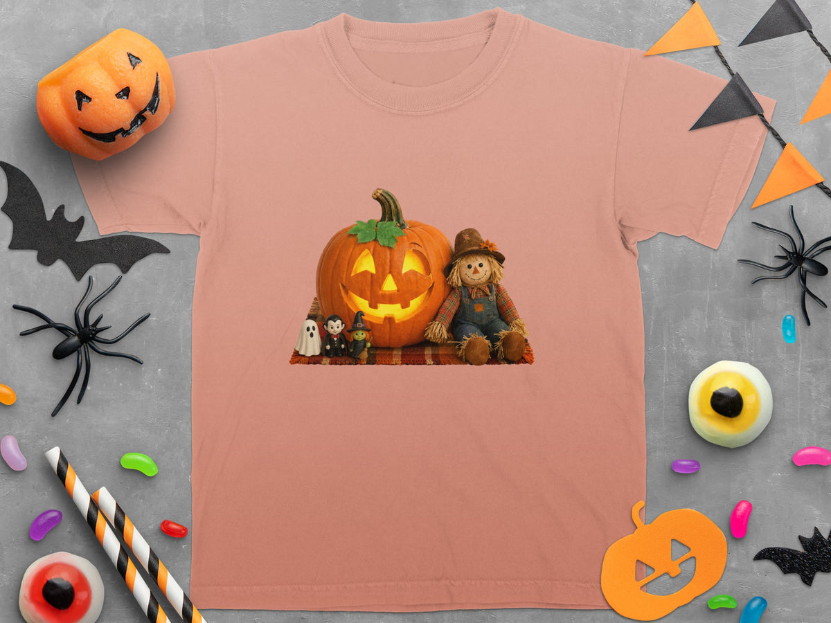 Peach t-shirt featuring a Halloween scene with a carved pumpkin and scarecrow.