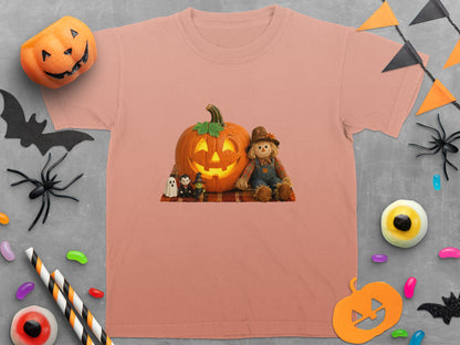 Peach t-shirt featuring a Halloween scene with a carved pumpkin and scarecrow.