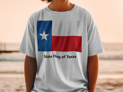 White t-shirt with Texas flag design and "State Flag of Texas" text.