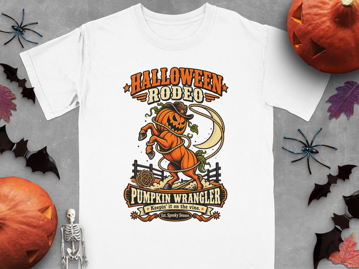 White t-shirt with "Halloween Rodeo Pumpkin Wrangler" graphic of a pumpkin horse.