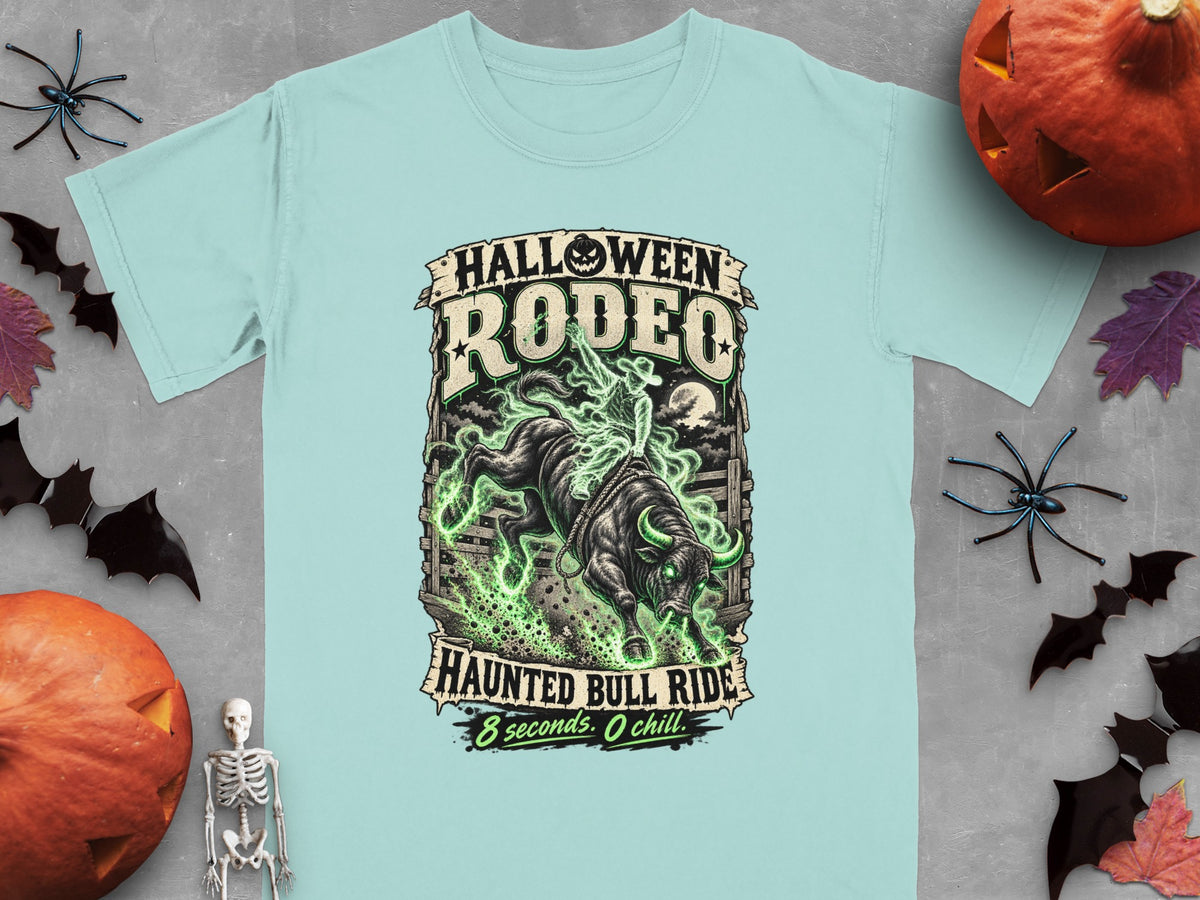 Light blue t-shirt with "Halloween Rodeo Haunted Bull Ride" graphic.