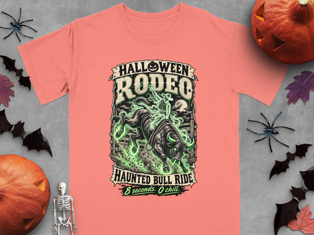 T-shirt with Halloween Rodeo and Haunted Bull Ride graphic, featuring a skeleton rider and glowing bull.