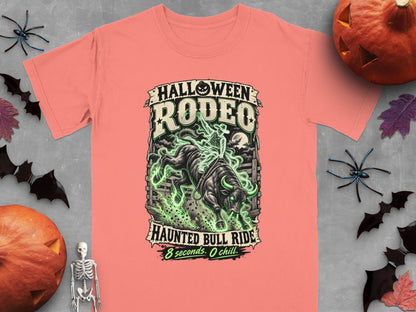 T-shirt with Halloween Rodeo and Haunted Bull Ride graphic, featuring a skeleton rider and glowing bull.