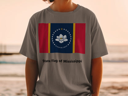 T-shirt featuring the Mississippi State Flag and "State Flag of Mississippi" text.