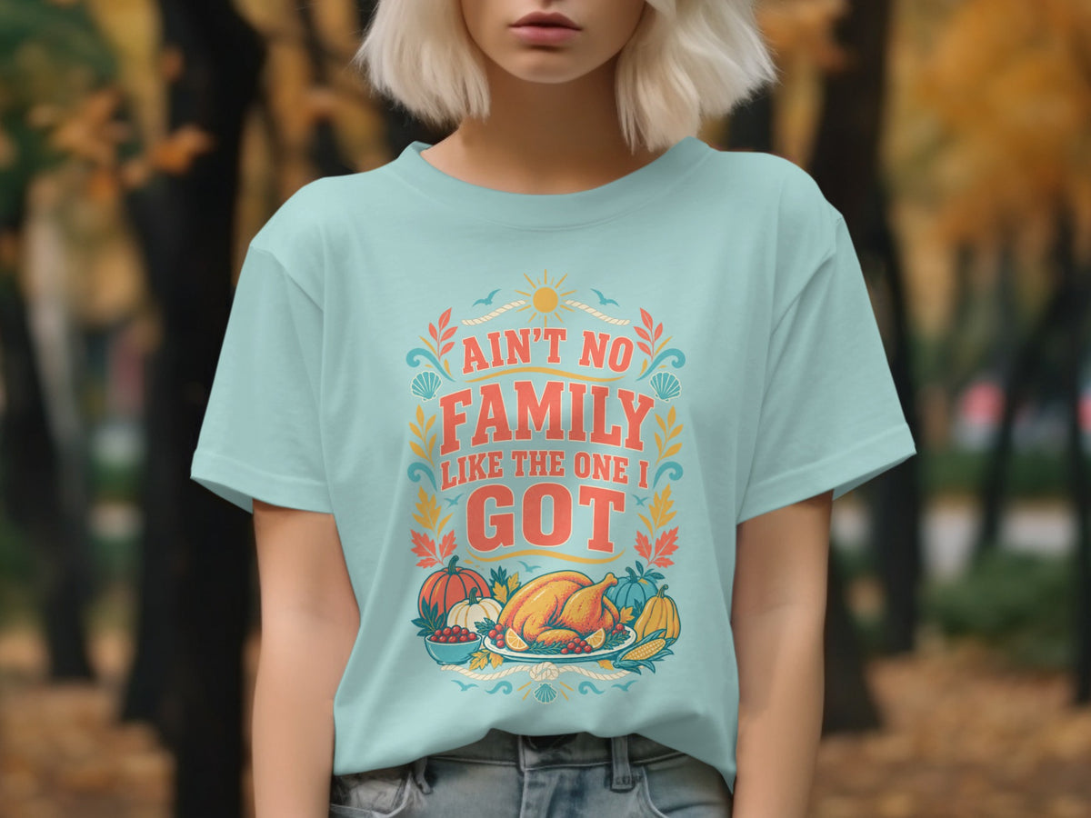 Light blue t-shirt with "Ain't No Family Like The One I Got" and Thanksgiving food.