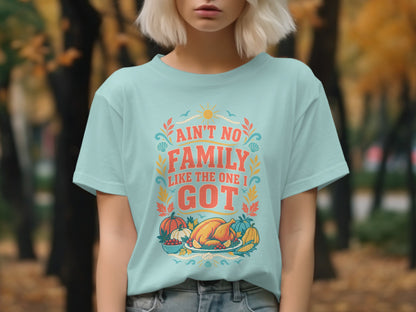 Light blue t-shirt with "Ain't No Family Like The One I Got" and Thanksgiving food.