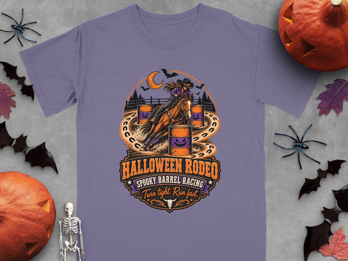 T-shirt with Halloween Rodeo spooky barrel racing graphic and text.