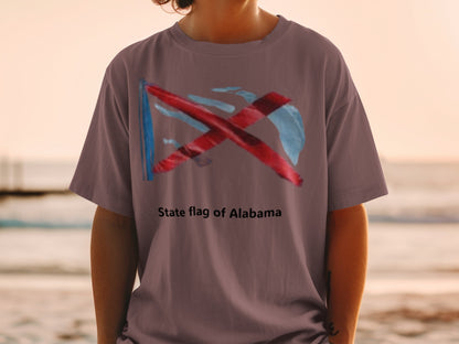 T-shirt with artistic rendition of Alabama state flag and text "State flag of Alabama".