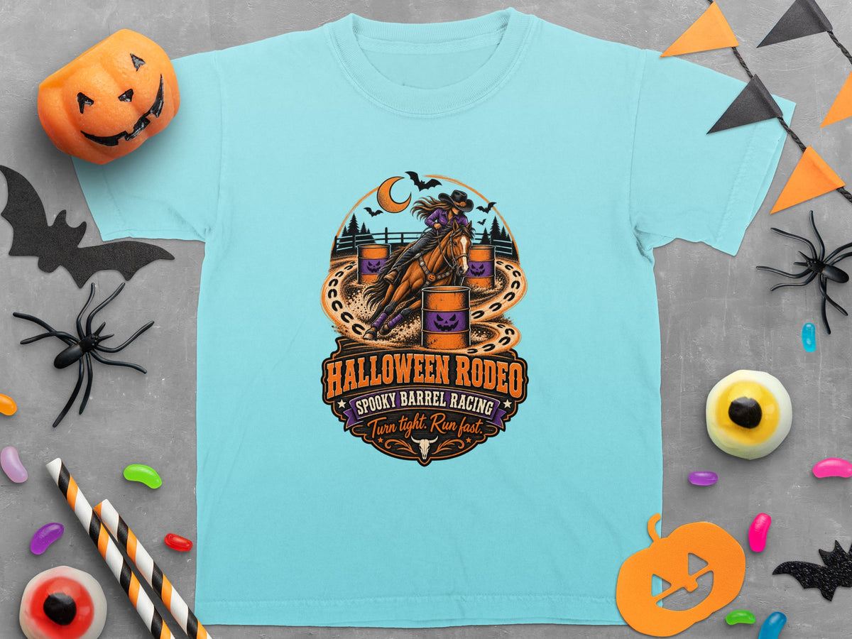 Halloween Rodeo: Spooky Barrel Racing, Turn tight. Run fast. graphic on a light blue t-shirt.