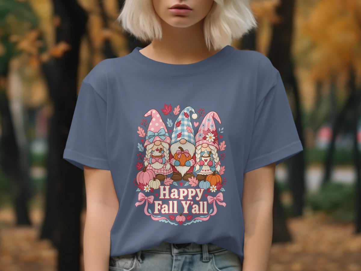 T-shirt with three gnomes and "Happy Fall Y'all" text surrounded by autumn leaves and pumpkins.