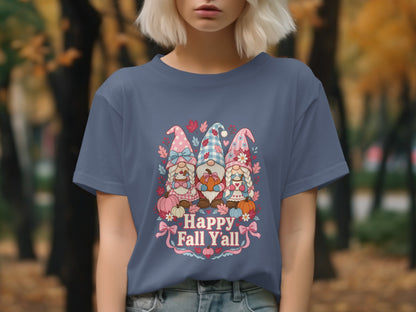 T-shirt with three gnomes and "Happy Fall Y'all" text surrounded by autumn leaves and pumpkins.