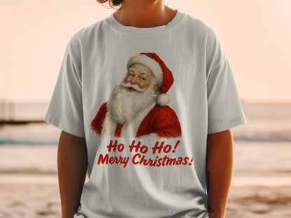 Santa Claus graphic with text "Ho Ho Ho! Merry Christmas!" on a t-shirt.