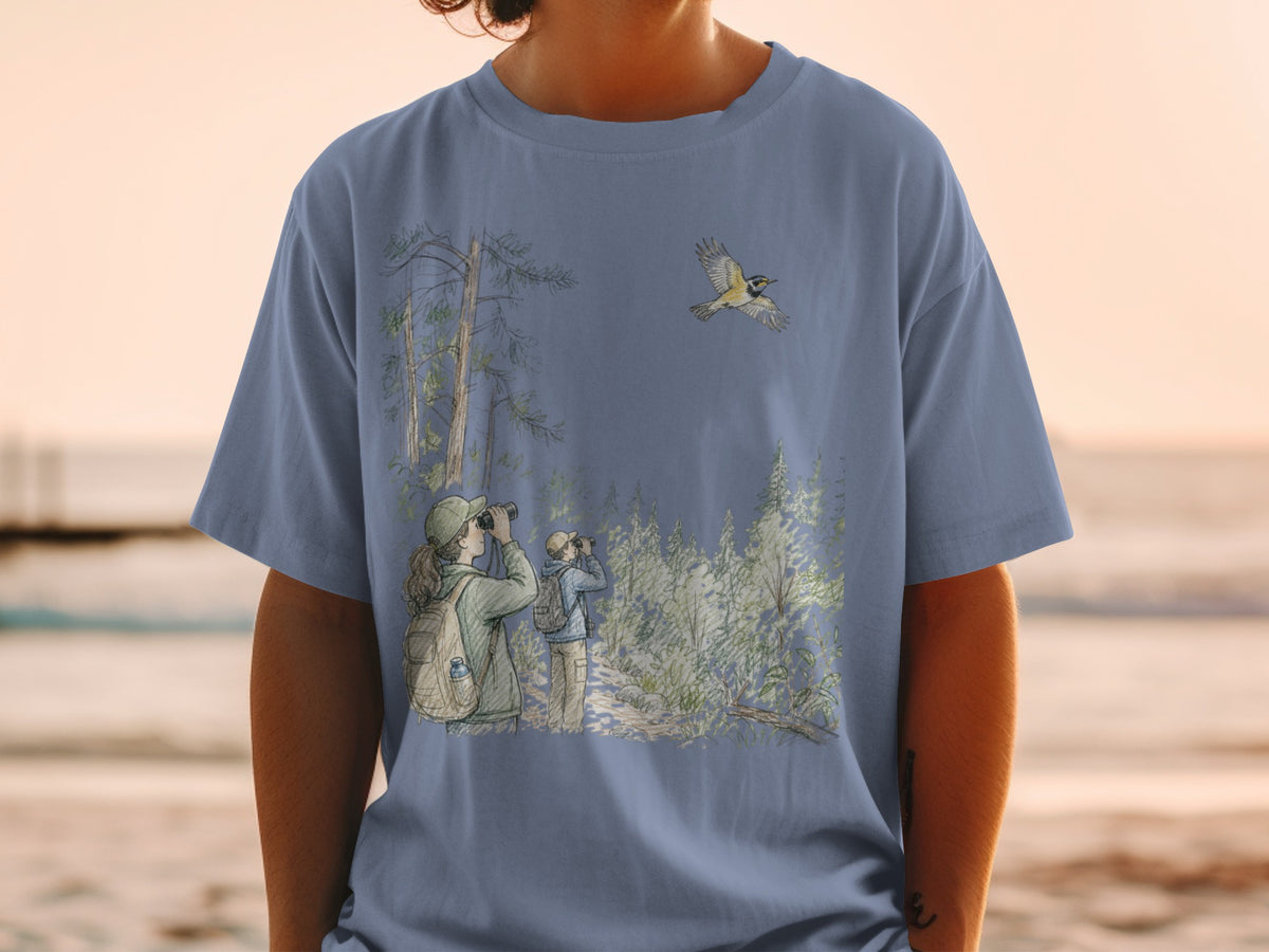 Illustration of birdwatchers in a forest with a bird in flight.