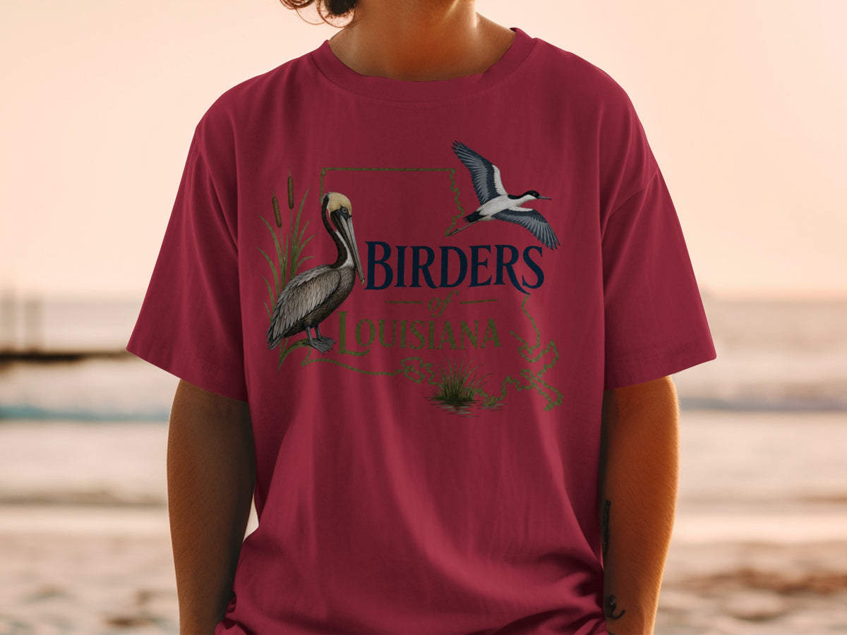 Maroon t-shirt with "BIRDERS of LOUISIANA" text, pelican, and flying bird.