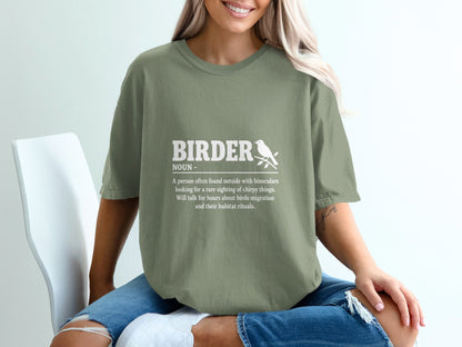 Sage green t-shirt with "BIRDER" definition and bird illustration.