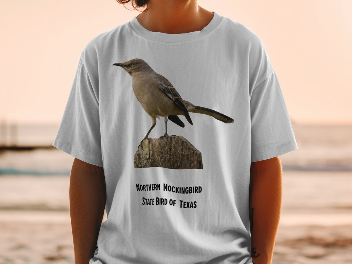 Northern Mockingbird, Texas State Bird graphic on a t-shirt.