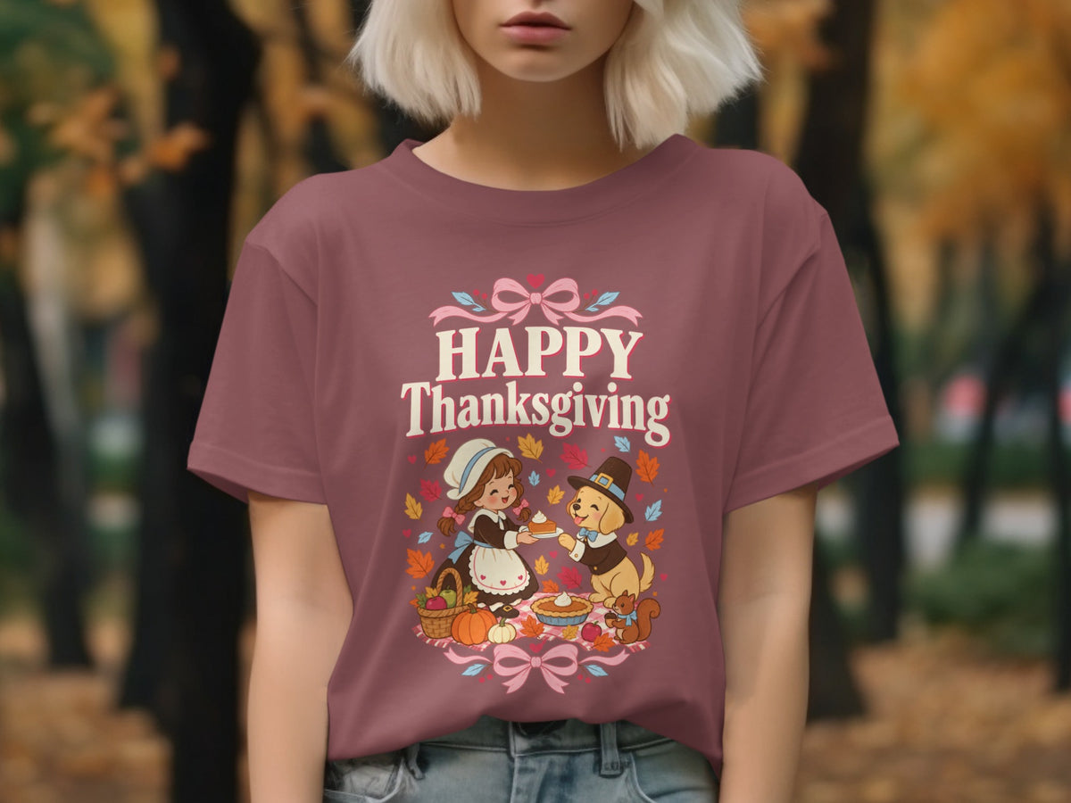 T-shirt graphic with "Happy Thanksgiving" text, a pilgrim girl, and a dog.