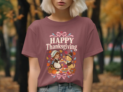 T-shirt graphic with "Happy Thanksgiving" text, a pilgrim girl, and a dog.