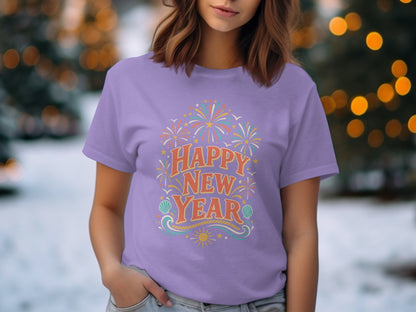 Purple t-shirt with "Happy New Year" text, fireworks, and beach elements.