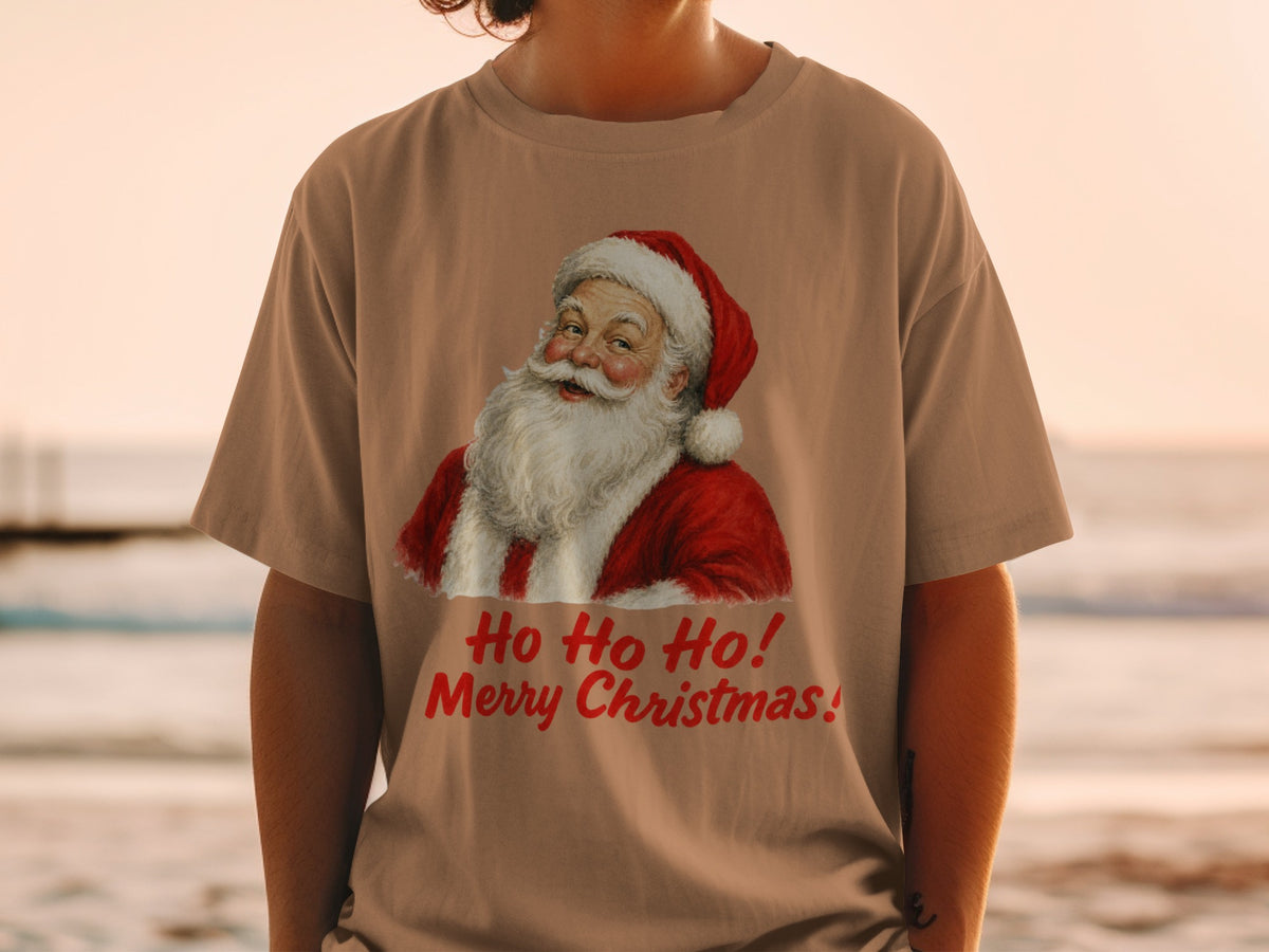T-shirt with vintage Santa graphic and "Ho Ho Ho! Merry Christmas!" text.