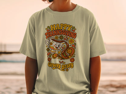Thanksgiving shirt with groovy gravy text and a smiling gravy boat graphic.