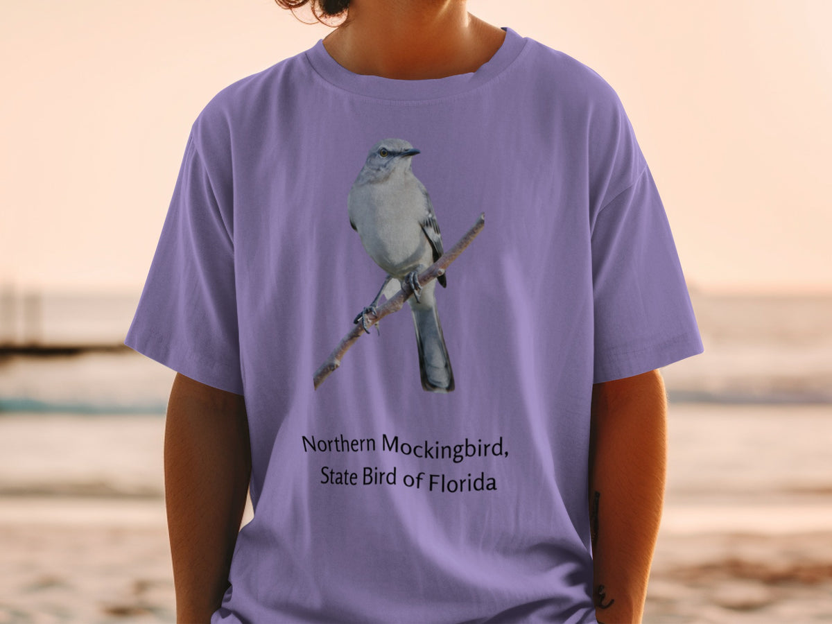 Purple t-shirt with a Northern Mockingbird, State Bird of Florida graphic.