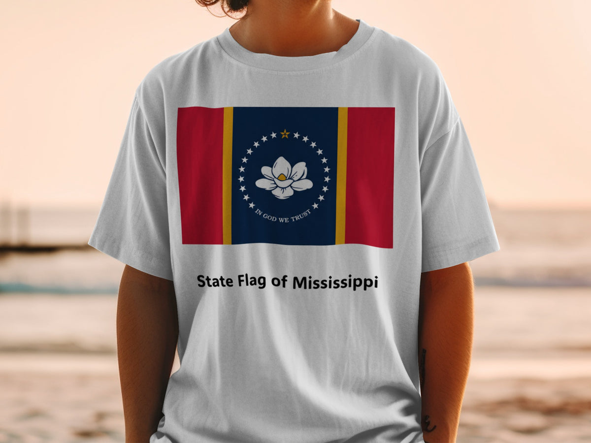 White t-shirt with the Mississippi state flag and text "State Flag of Mississippi".