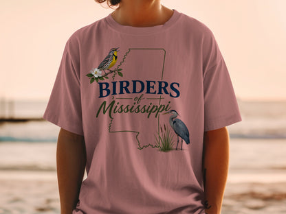 T-shirt with "Birders of Mississippi" text, a yellow bird and a blue heron illustration.