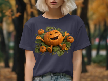 Happy cartoon pumpkin with arms and legs on a navy blue t-shirt.