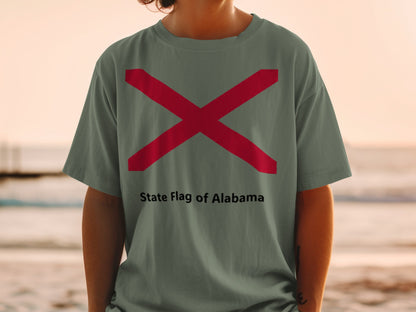 Green t-shirt with red St. Andrew's cross and "State Flag of Alabama" text.