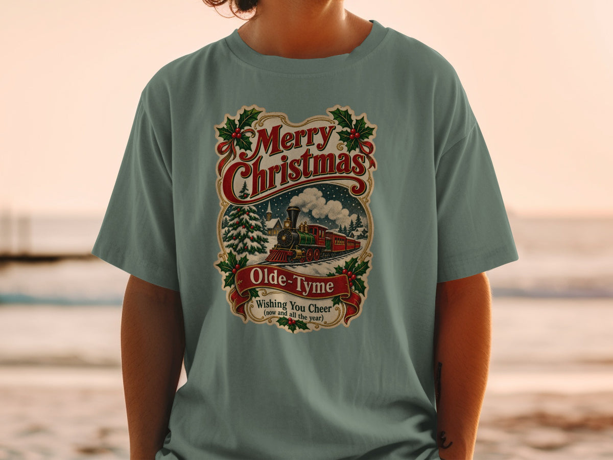 T-shirt graphic: Merry Christmas Olde-Tyme train scene with text.
