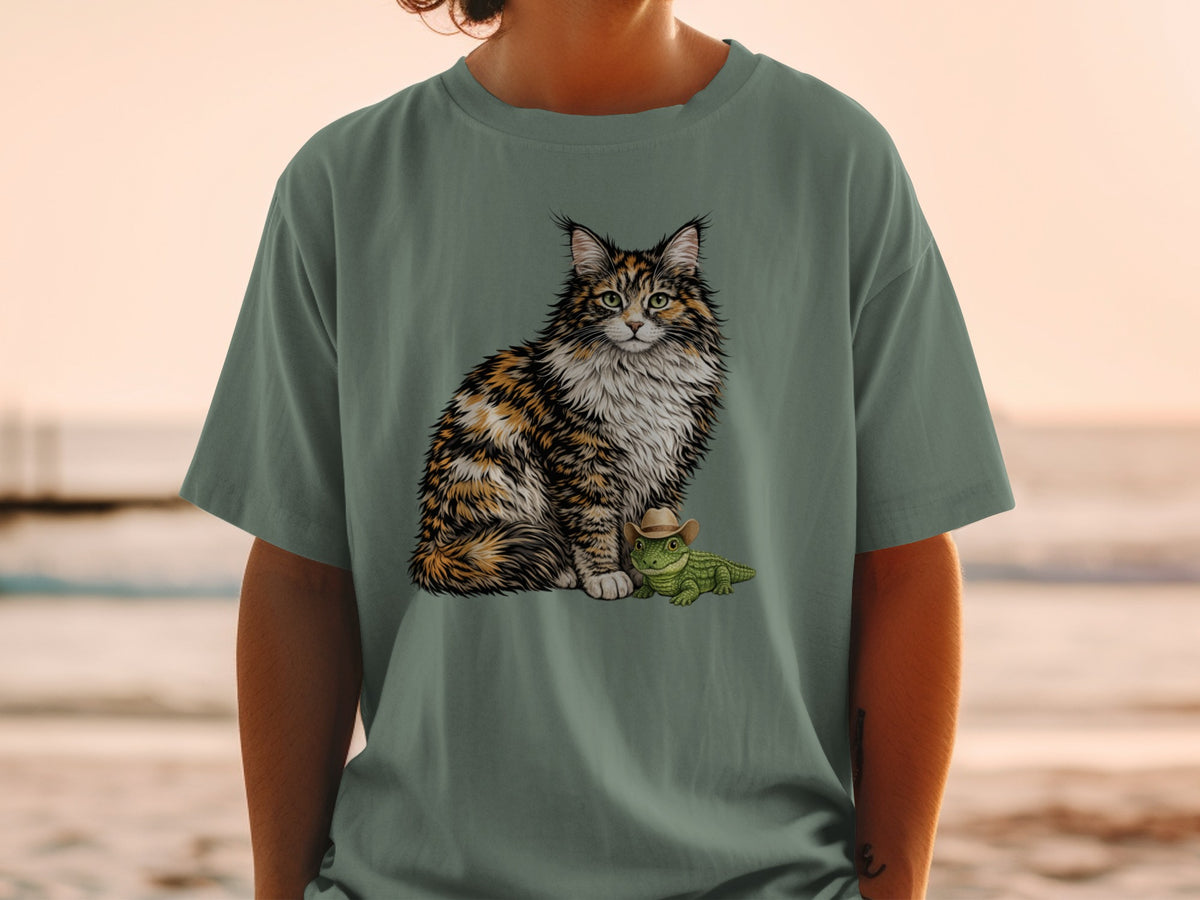 A person wears a sage green t-shirt featuring a graphic of a fluffy calico cat next to a small alligator wearing a cowboy hat.
