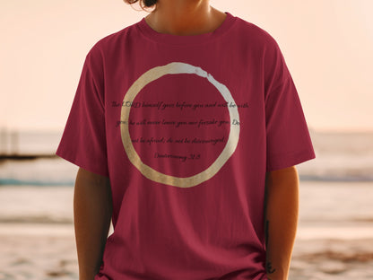 Maroon t-shirt with biblical text "The LORD himself goes before you... Deuteronomy 31:8".