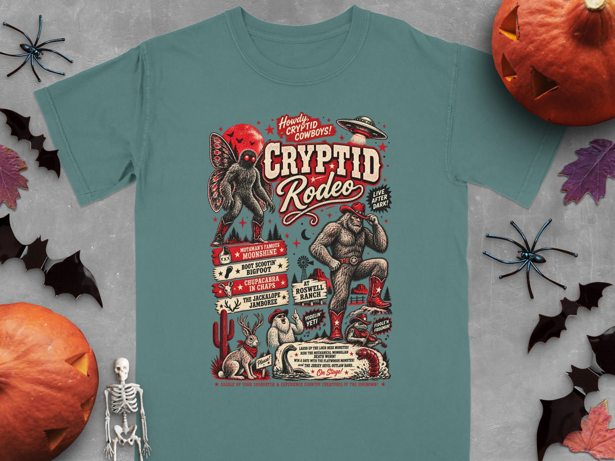 Cryptid Rodeo design featuring Bigfoot, Mothman, Jackalope, and UFO with event details.