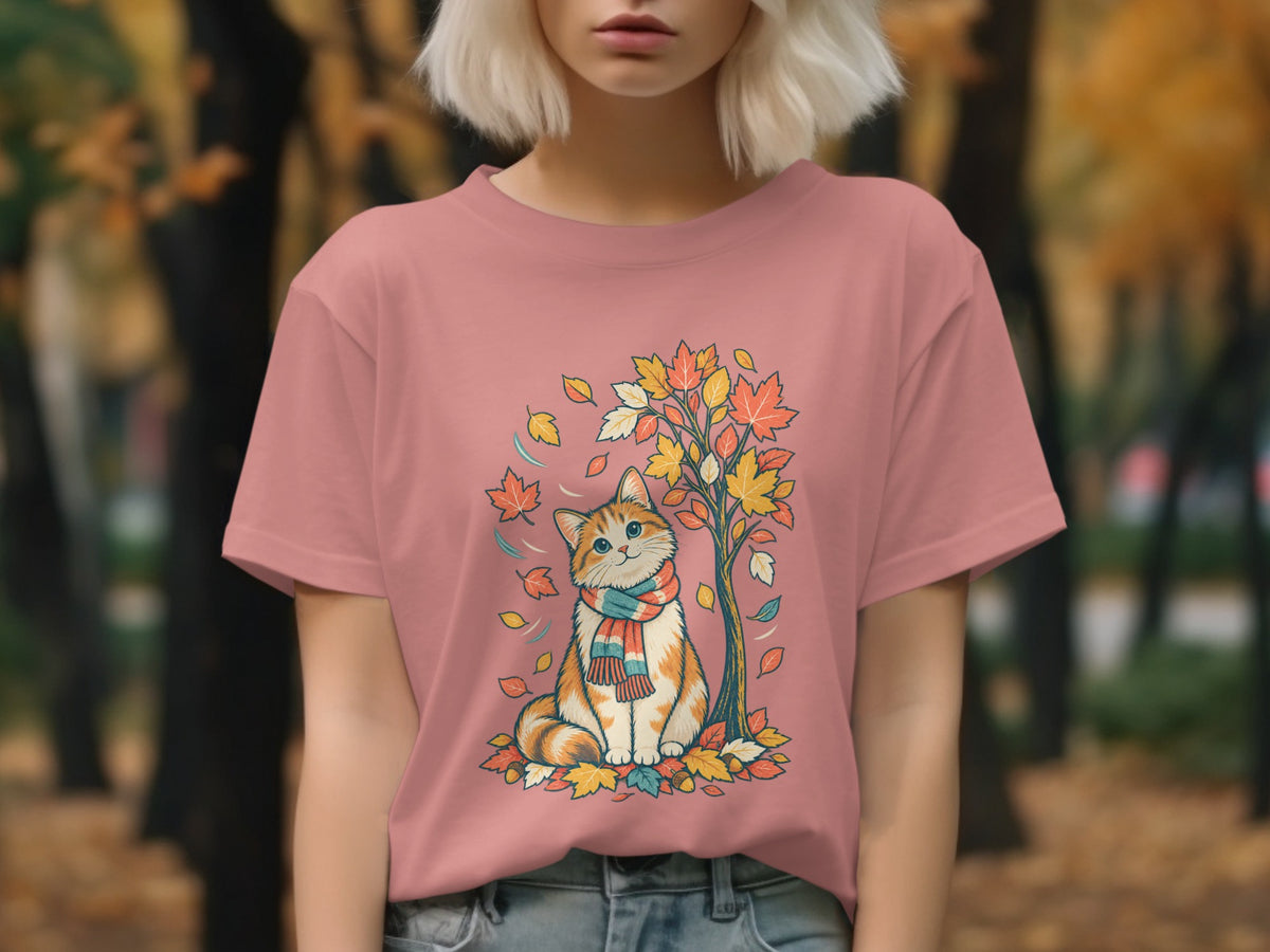 Pink t-shirt with a graphic of an orange and white cat wearing a scarf under a tree.