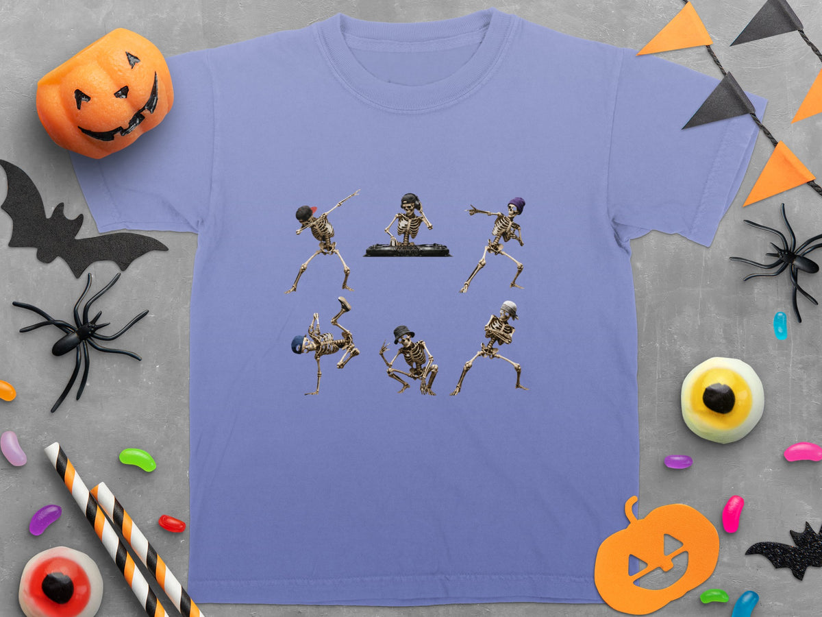 Six dancing skeletons and a DJ skeleton adorn a purple t-shirt.